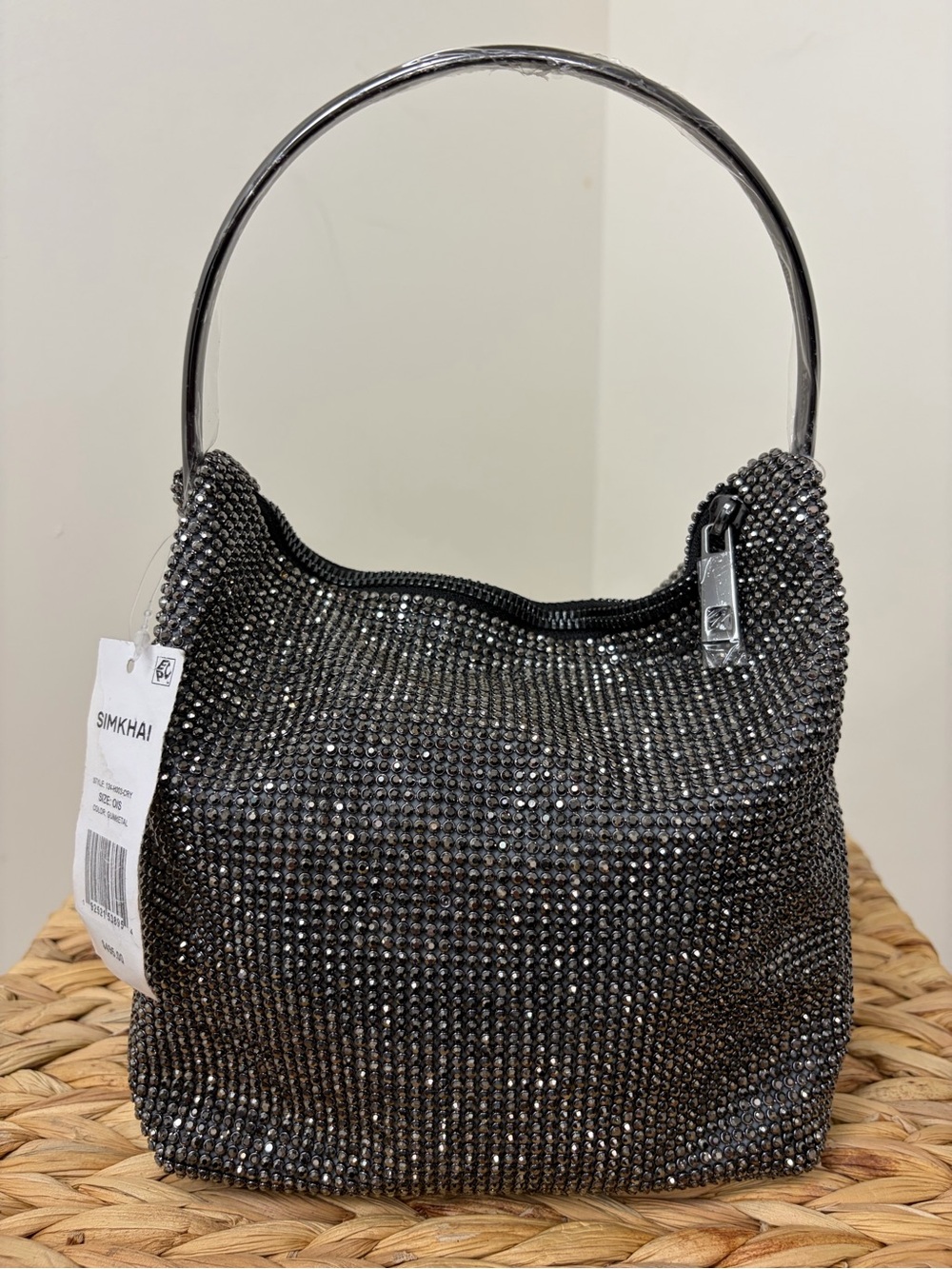 SIMKHAI Black Crystal-Embellished Shoulder Bag with Metal Top Handle